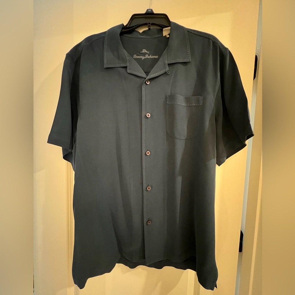 Tommy Bahama Navy Blue 100% Silk Button Down Camp Shirt